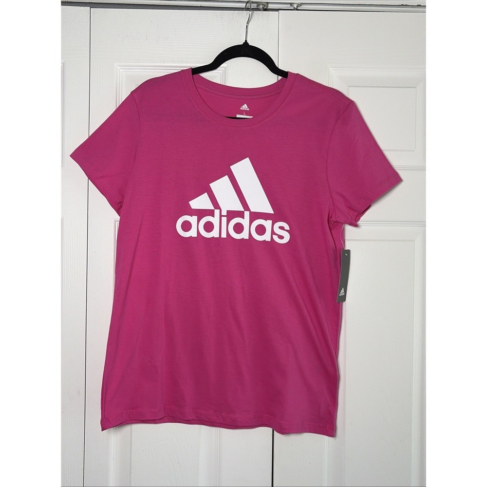 Adidas Logo Tee Womens Size L Fuchsia Pink White Activewear Cotton New